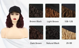 Detailed chart showing wavy synthetic hair extensions attached to a black baseball cap