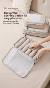 Detail of beige compression travel cubes set showing large opening for clothing storage