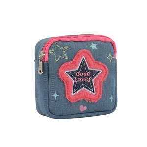 Blue denim square makeup bag with pink zipper and embroidered plush star detail