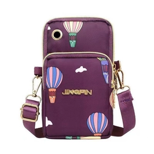 Purple nylon crossbody phone bag with hot air balloon print and adjustable strap