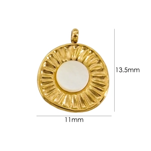 Detailed size view of a 14K gold plated sunburst pendant with white shell inlay