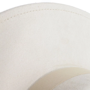 Macro detail of beige felt fedora featuring cream decorative band and precise edge stitching