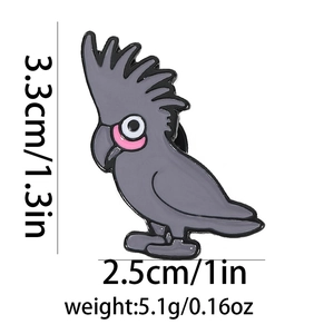 Dimensions détaillées du pin's émaillé cacatoès gris avec mesures de hauteur et largeur
