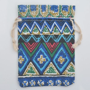 Detail of the geometric patterns and fabric texture on this ethnic drawstring cotton bag