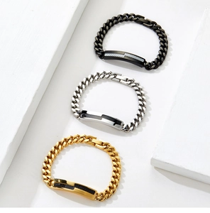 Men's stainless steel Cuban chain bracelets in gold silver and black with carbon fiber bar