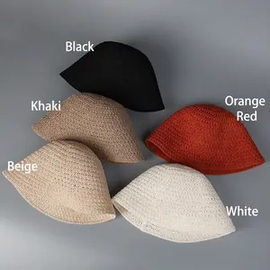 Breathable hollow knit bucket hat for women in black, khaki, orange, beige and white