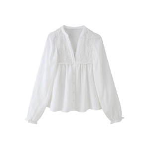 Blouse Femme Col En V Manches Longues Broderie Poignet À Volants Ample Français Rétro Décontracté Blanc Polyester Haut Élégant