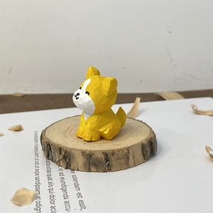 Detailed view of hand-carved wooden dog figurine on a rustic log base display