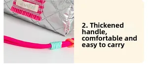 Detail of quilted silver storage bag featuring thickened vibrant pink woven handle