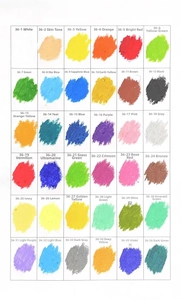 36-color oil pastel swatch guide showing heavy color palette from white to dark green