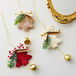 Christmas Tree Plush Hanging Ornaments With Metal Bell Heart Print Bow Pine Needles Holiday Party Home Decor