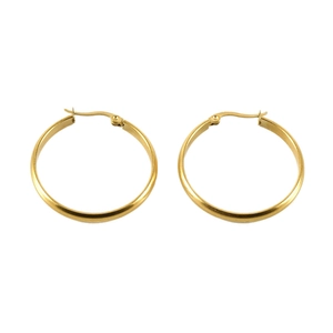 Minimalist golden stainless steel hoop earrings with a polished metallic finish on white background