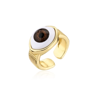 Detail of 18K gold plated evil eye ring showing realistic brown iris and textured band