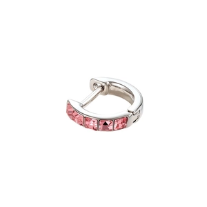 Polished silver hoop earring with pink square-cut zircon stones on white background
