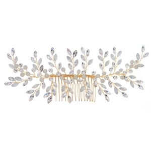 Golden bridal hair comb with rhinestones and grey beads for traditional weddings