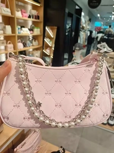 Quilted Underarm Baguette Bag PU Leather With Artificial Pearl Metal Chain Bow Embroidery Sweet Y2K Style Women Shoulder Bag