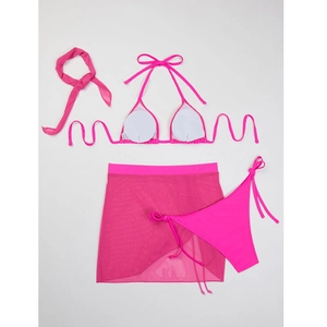 Detailed flat lay of rose red four-piece bikini set with mesh skirt and matching headband