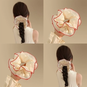 Sweet French Style Double Layer Pleated Fabric Scrunchie With Scalloped Lace Trim Elastic Hair Tie For Women Girls