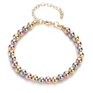 Three-tone beaded bracelet in gold silver and rose gold with adjustable lobster clasp