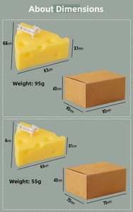 Size comparison of large and small cheese-shaped scented candles with packaging boxes