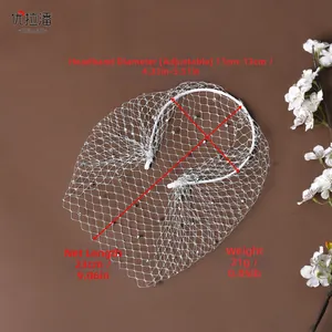 Detailed view of white bridal headband with mesh veil and sparkling rhinestone accents