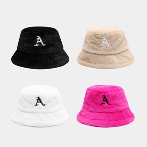 Women Winter Warm Faux Fur Bucket Hat Thick Plush Fisherman Cap Vintage Letter A Embroidery Outdoor Windproof Sunshade Basin Hat