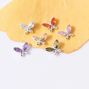3D butterfly nail charms with marquise zircon stones in assorted colors on silver base