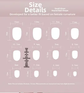 Tableau des tailles montrant 12 dimensions pour faux ongles roses courts et ronds