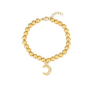 Macro view of gold bead bracelet with a sparkling crescent moon pendant and lobster clasp