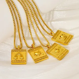 Collier Pendentif En Acier Inoxydable Plaqué Or 18 Carats Carré Gaufré Arc-En-Ciel Couronne Cœur Rétro Bijoux Pour Femmes