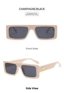 Detail of champagne rectangular sunglasses with gold insect accents and dark grey lenses
