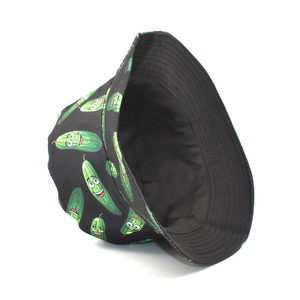 Unisex black bucket hat featuring all-over cartoon pickle print with wide brim style