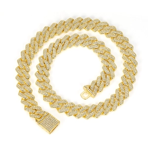 Detail of gold-plated 14mm Cuban link chain with paved rhinestones and box clasp