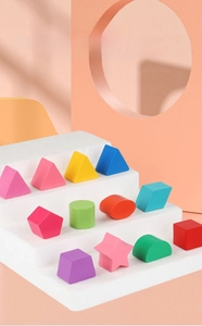 Close-up of colorful wooden geometric blocks for shape recognition and early learning