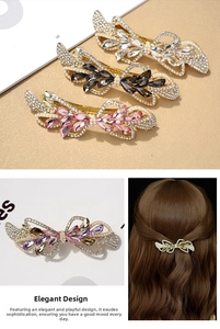 Detail of leaf-shaped crystal hair clips with pearls and spring clip mechanism