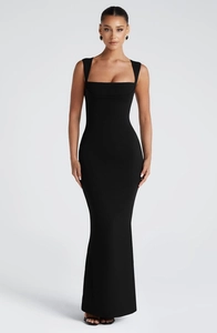 Detail view of the black square neck maxi dress showing a slim bodycon fit and wide straps