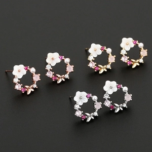 Flower Wreath Stud Earrings Copper Zircon Shell Faux Artificial Pearl Butterfly Silver Earring Post Elegant Romantic Women Jewelry