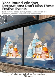 Detail of Christmas window stickers featuring 3D snowman, tree, and snowflake patterns