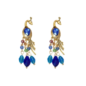 Vintage gold peacock earrings with blue stones and multi-colored crystal drop beads