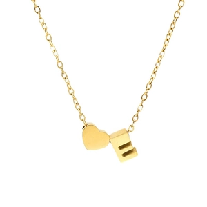 Minimalist gold stainless steel heart necklace with a 3D letter E pendant on white background