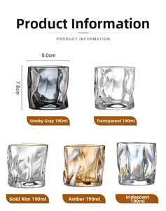 Detailed size specifications for 190ml irregular twist origami whiskey glasses in five colors