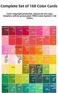 Detailed color chart of 168 markers showing organized professional color shades and codes