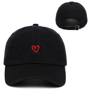 Black cotton baseball cap with red heart embroidery and adjustable metal back buckle