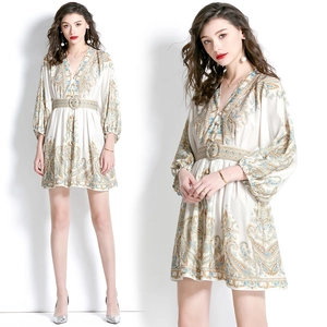 Women Bohemian Paisley Print V Neck Lantern Sleeve Chiffon Mini Dress With Belt Elegant Vacation Style