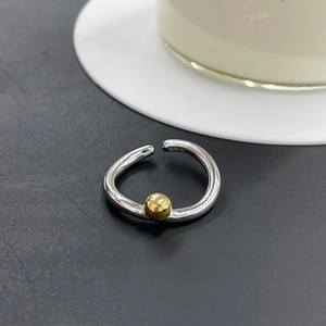 Minimalist S925 sterling silver open ring with unique twisted design and gold bead accent