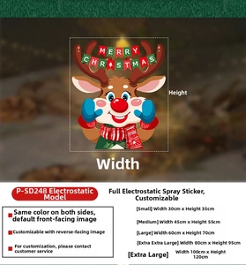 Size chart for Christmas reindeer static stickers showing dimensions from small to extra large