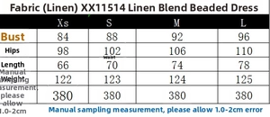 Size chart for linen blend midi dress showing bust, hip, waist and length measurements