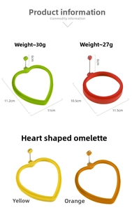 Silicone egg rings in heart and round shapes with anti-scald handles on white background