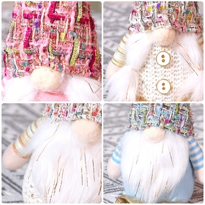 Gnomes de Noël faits main avec chapeaux en tweed rose et longues barbes blanches