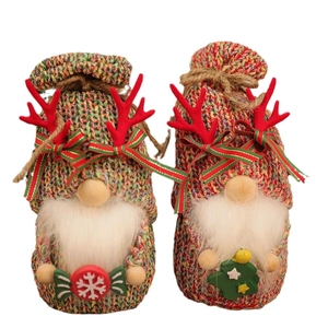 Pair of knitted Christmas Gnomes with colorful hats and white plush beards for holiday decor
